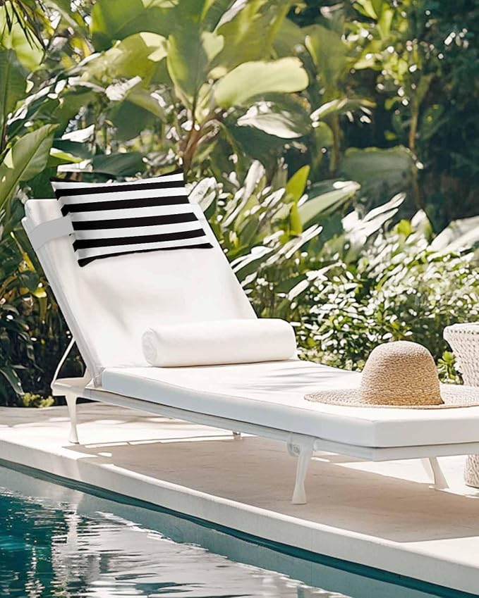 Outdoor Pillows for Chaise Lounge Chair Set of 2 Black White Horizontal Stripe Waterproof Lumbar Pillows with Insert for Beach Chair,Patio Office,Pool Recliner,Simple Texture 11x16IN