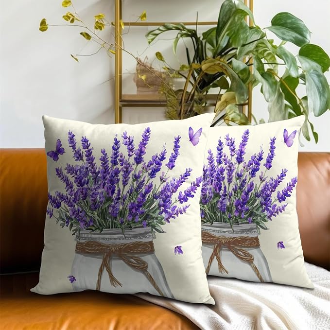 Vintage Flowers Lavender Pillow Cover 20x20 Inch Set of 2, Rustic Provence Purple Floral Jar Decorative Pillow Cotton Square Cushion Case for Outdoor Home Sofa Couch Decor