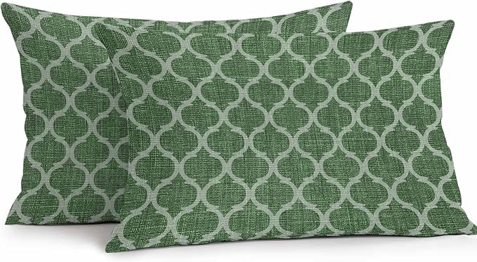 Dark Green Moroccan Outdoor Pillow Covers 20x12 Inch Lumbar Pillow Covers Set of 2 Waterproof Decorative Throw Pillow Cases Middle Century Quatrefoil Plaid Art Cushion Covers for Patio Furniture