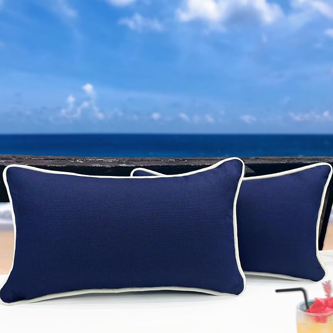 HER HWA Outdoor Lumbar Pillow Covers White Piping 20"x12" Set of 2, Blue | durable fade-resistant water-resistant 100% polyester white piping smooth zipper machine washable for indoor outdoor décor