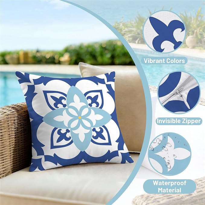 NIGHTWISH Outdoor Waterproof Pillow Covers 20x20 Set of 4 Blue Boho Decorative Outdoor Throw Pillows Floral Cushion Cases for Patio Furniture Bench Couch Sunbrella