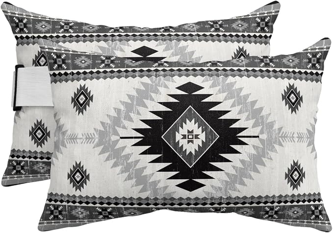 Outdoor Pillows Waterproof Covers Set of 2, Black Bohemian Adjustable Elastic Chaise Lounge Headrest Pillow Covers, Aztec Boho Tribal Decorative Lumbar Pillow for Pool Patio Furniture 20x12 Inch
