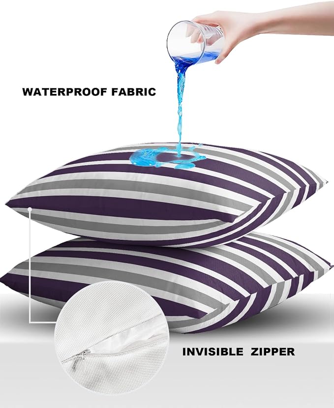 Outdoor Waterproof Throw Pillow Covers Set of 2 Grey Purple Stripes Decorative Outdoor Pillows Cushion Case 16x16 Inch Classic Striped Patio Pillows for Couch Sofa Bed Garden Office Home Decor