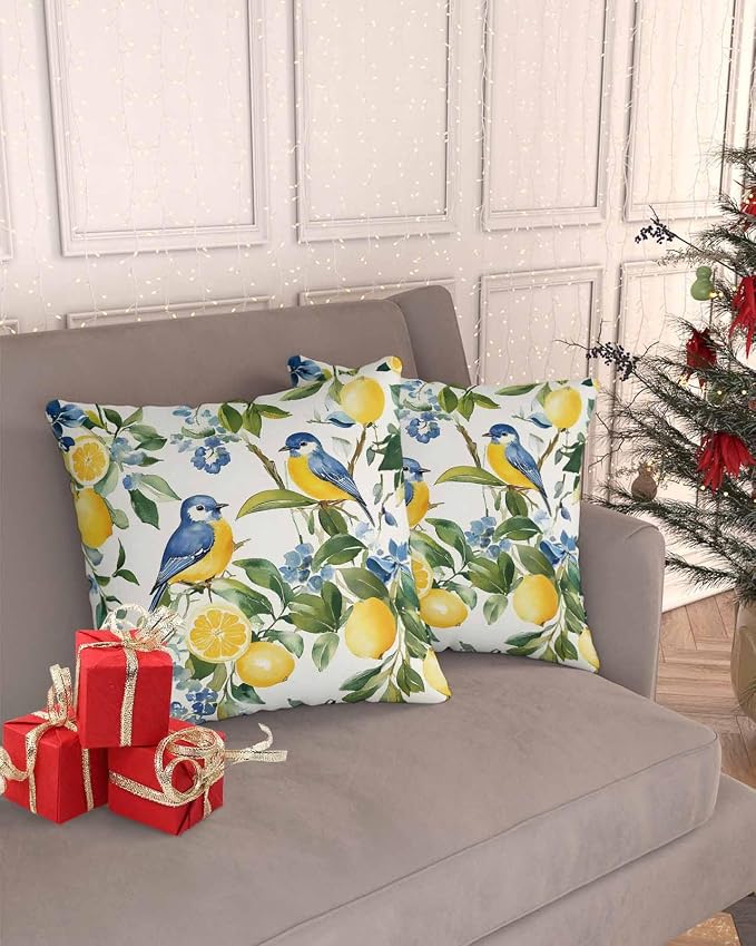 Outdoor Throw Pillow Covers Waterproof Pillow Cases 20x12In, Watercolor Lemon Bird Decorative Pillow Covers Cushion Cases for Couch Sofa Patio Garden,2 Pack Vintage Spring Blue Flower Foliage