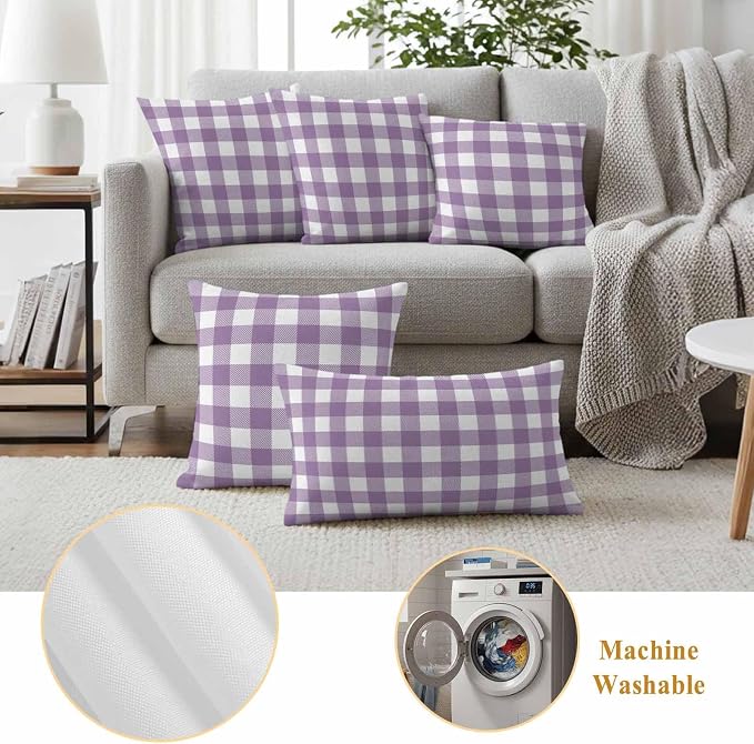 Waterproof Throw Pillow Covers 18x18 Set of 2, Farmhouse Purple White Buffalo Lattice Outdoor Pillowcases with Invisible Zipper, Pastoral Gingham Decorative Cushion Covers for Patio Garden Sofa Couch