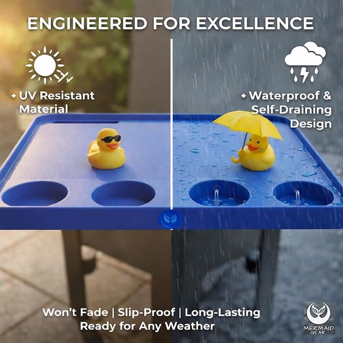 Adjustable Swimming Pool Table Serving Tray - Swim Pool Deck Patio Bar 4 Beverage Drink Cup Holders 2 Cell Phone Outdoor Portable Side UV Weather Resistant Above Ground Fountain