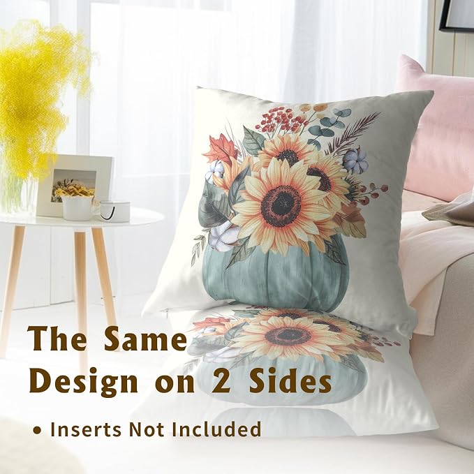 Autumn Sunflower Throw Pillow Cover Set of 2, 20x20 Inch Farmhouse Blue Pumpkin and Flowers Harvest Holiday Pillow Cushion Case for Couch Sofa Patio Living Room Bedroom Decor