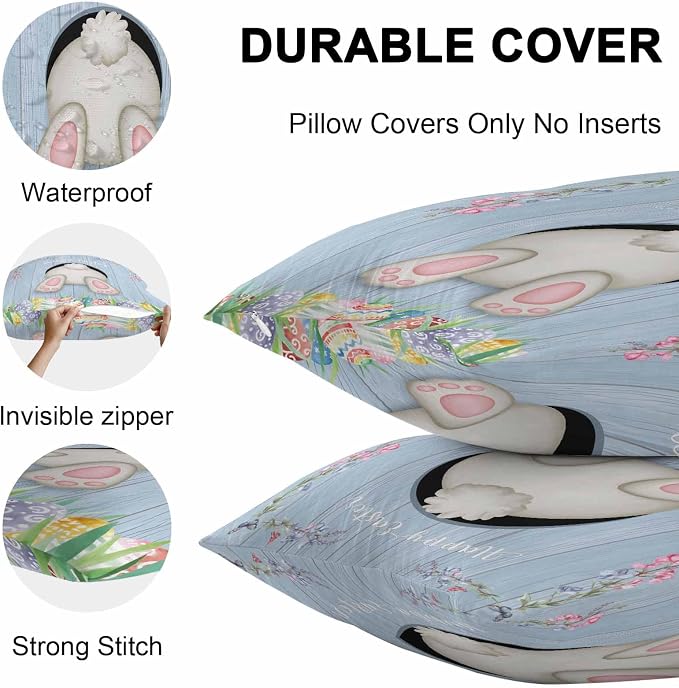 Vandarllin Outdoor Throw Pillows Covers 12X20 Set of 2 Waterproof Bunny Butt Easter Eggs Decorative Zippered Lumbar Cushion Covers for Patio Furniture, Spring Flower Wood Grain