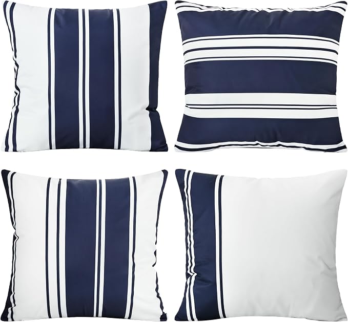 4 Pack Outdoor Waterproof Throw Pillow Covers 18x18 Inch | Striped Deep Blue Decorative Pillow Cover, Modern Outdoor Cushion Cases for Garden Patio Balcony Bench Couch Sofa