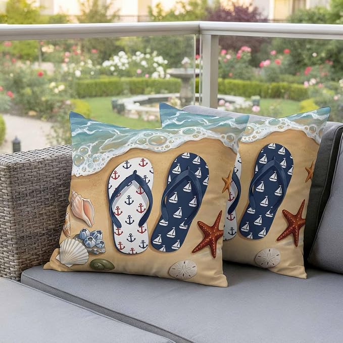 Blue Beige Seaside Outdoor Waterproof Throw Pillow Covers 16x16 Set of 2, Coastal Waves Starfish Summer Beach Nautical Decorative Pillowcases Cushion Pillowcase for Couch Sofa Patio Pillow Protector