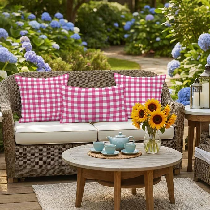 Hot Pink Checks Outdoor Pillow Covers 20"x20" Set of 2, Gingham Plaid Abstract Modern Minimalist Waterproof Throw Pillow Covers for Patio Furniture, Decorative Cushion Covers for Porch