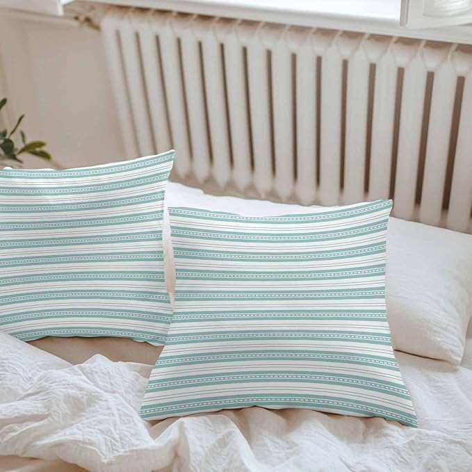 Boho Turquoise Stripe Waterproof Outdoor Pillow Covers Set of 2 Home Decor, Abstract Geometric White Minimalist Pillowcase Patio Pillow Covers for Couch Bench Furniture Garden 24x24in