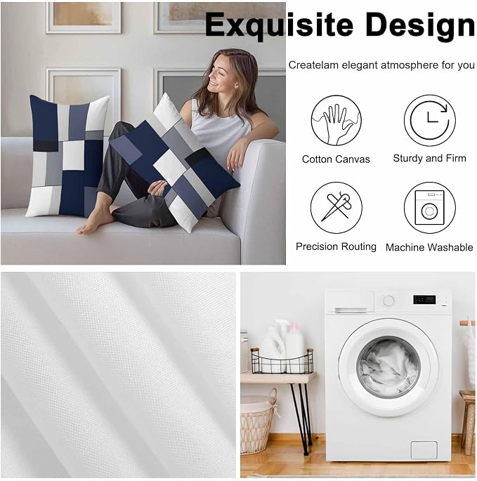 Modern Blue White Grey Plaid Outdoor Pillow Covers 20x12in Pack of 2 Waterproof Pillowcase Abstract Geometric Checkered Decorative Throw Cushion Case for Patio Couch Sofa