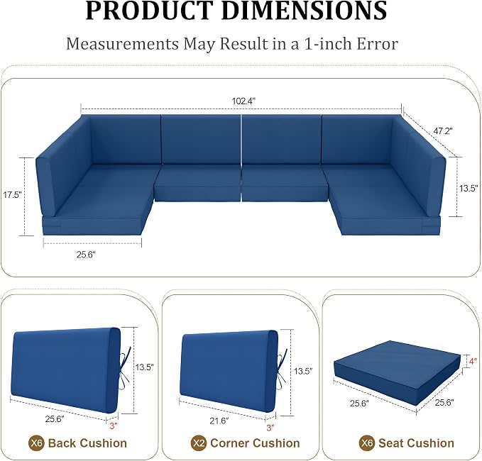 14pc Waterproof Outdoor Couch Cushions for 6 Seat Patio Dark Blue | Water-resistant, UV-resistant,14pc High-Density Foam Replacement Cushions for 6-Seat Outdoor Sectional Furniture