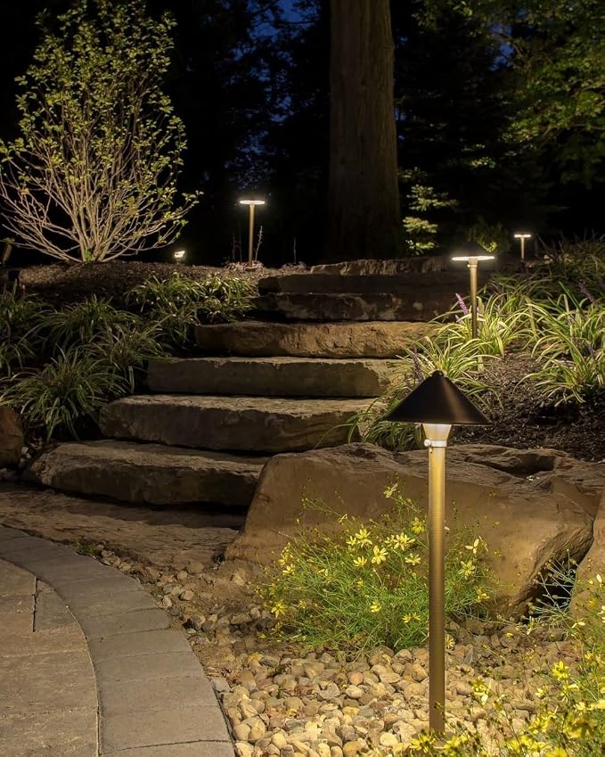 VOLT Conehead 12V Brass Path Light (Bronze) & 3W 2700K G4 LED Bulb | 12-Foot Diameter Illumination, 300 Lumens, Warm White Light, Low Voltage, Ideal for Pathway Walkway Garden Driveway or Patio