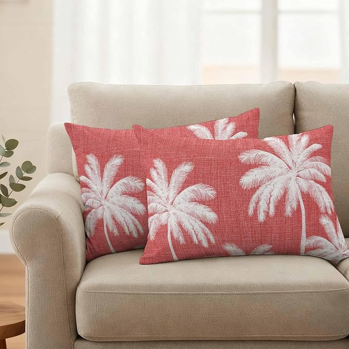 Lumbar Pillow Covers 20x12 Inch Set of 2, Coral Red Palm Trees Waterproof Outdoor Pillow Covers, Farmhouse Tropical Summer Beach Decorative Cushion Pillowcases for Couch, Sofa, Bed, Garden, Patio