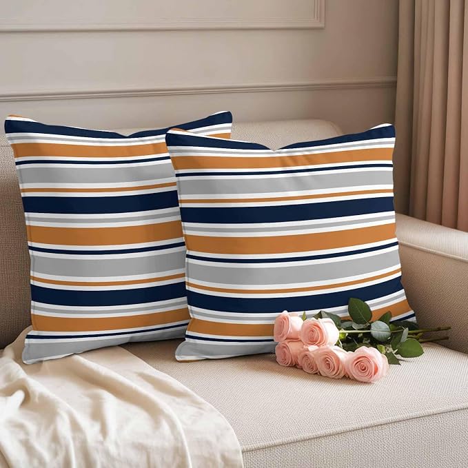 Outdoor Pillow Covers 26 x 26 Inches, Orange Grey Striped Waterproof Throw Pillow Cover Set of 2, Farmhouse Stripes Modern Abstract Art Decorative Square Cushion Covers for Patio/Couch/Garden