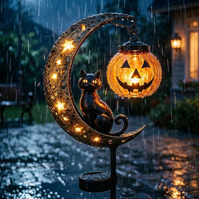 Solar Halloween Black Cat Garden Stake Light – Metal Crescent Moon & Pumpkin Lantern Yard Decor, Auto On/Off Waterproof LED Landscape Lighting for Patio Lawn Pathway (A)