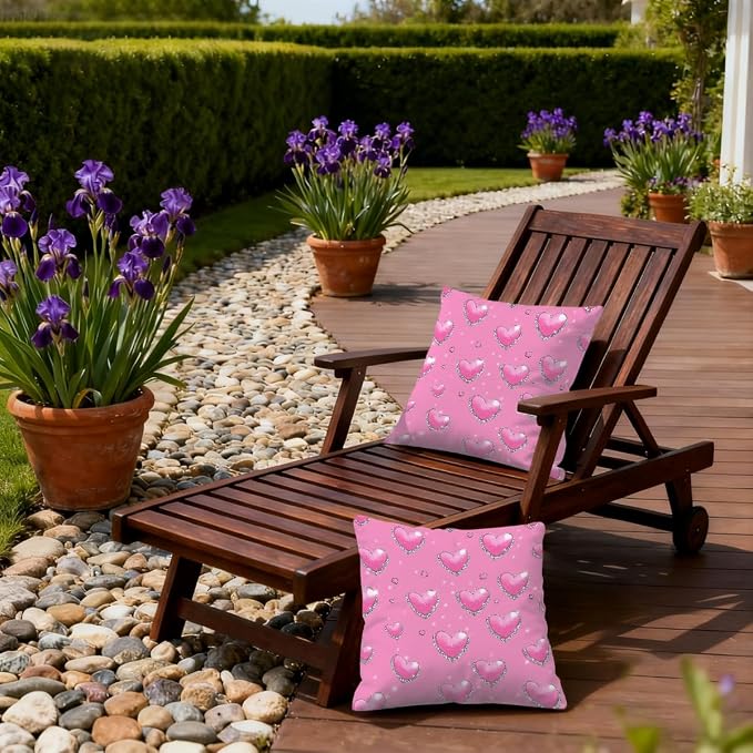 16x16 Inch Outdoor Pillow Covers Set of 2 Waterproof Throw Pillow Covers Decorative Couch Cushion Covers Pink Hearts with_ Diamonds Square Pillowcases Protectors for Patio Garden Sofa