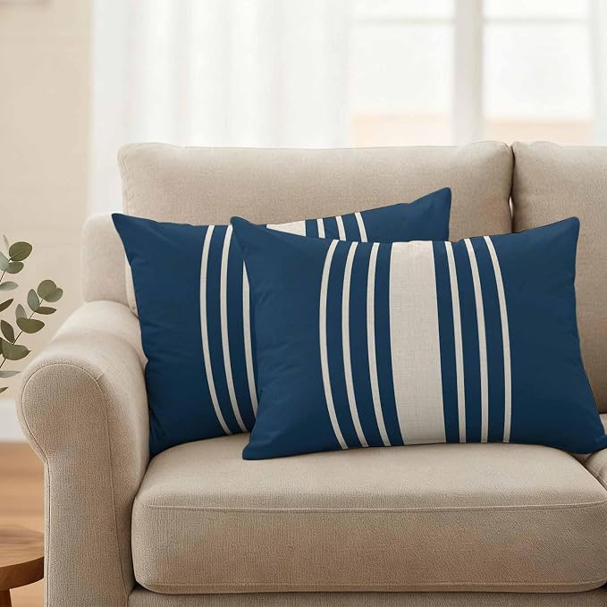 Lumbar Pillow Covers 20x12 Inch Set of 2, Navy Blue Beige Striped Waterproof Outdoor Cushion Covers, Modern Farmhouse Retro Lines Decorative Pillowcases for Couch, Sofa, Bed, Garden, Patio