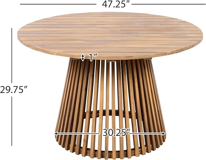 Christopher Knight Home Briar Farmhouse Acacia Wood Round Dining Table, Patio Dining Room Table with Unique Wooden Base for Backyard/Garden, Slatted Design Outdoor Dining Table, Light Teak