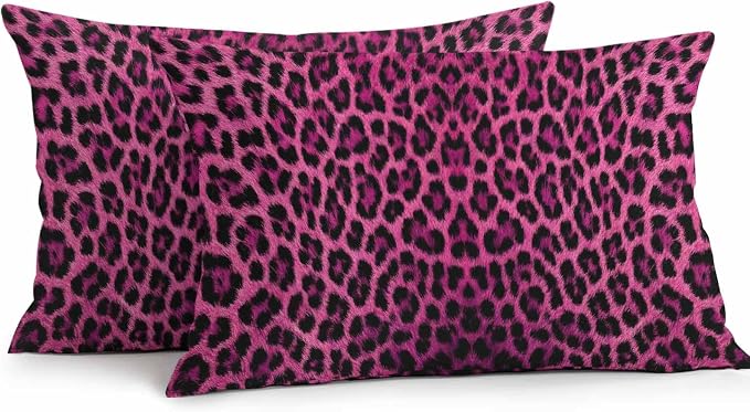 Vandarllin Outdoor Throw Pillows Covers 20x12 inch Set of 2 Waterproof Pink Leopard Print Decorative Zippered Cushion Covers for Patio Furniture, Retro Animal Fur Pattern Lumbar Pillowcases