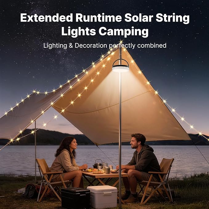 Solar Camping String Lights, 5400mAh/ 49.2FT/ 11 Modes Rechargeable | Camping Lights Outdoor/Indoor, 4-in-1 Quick Storage Fairy Tent Lights Portable LED Lamp for Patio Yard Party Decor Essentials