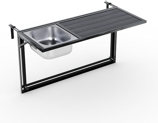 Foldable Balcony Table Outdoor Patio Bar Table with Staice Bucket, Adjustable Above Ground Pool Side Bar Table Fit for Oval Frame, Hanging Balcony Railing Table, 40” x 7”