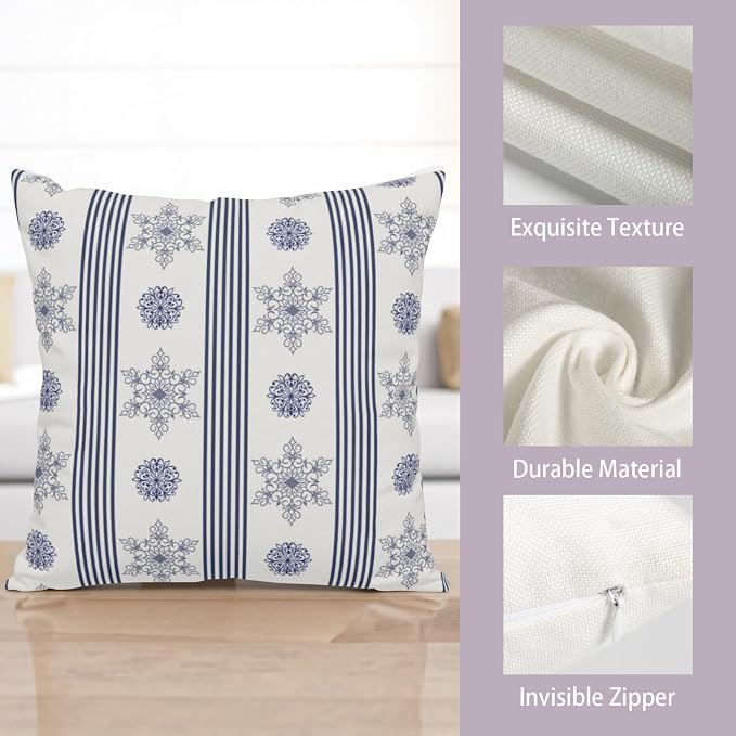 Winter Pillow Covers Blue and White Porcelain Blue Snowflakes Striped Throw Pillow Covers Navy Blue Floral Pillowcase 18x18 Set of 2 Neutral Cushion Case for Couch Sofa