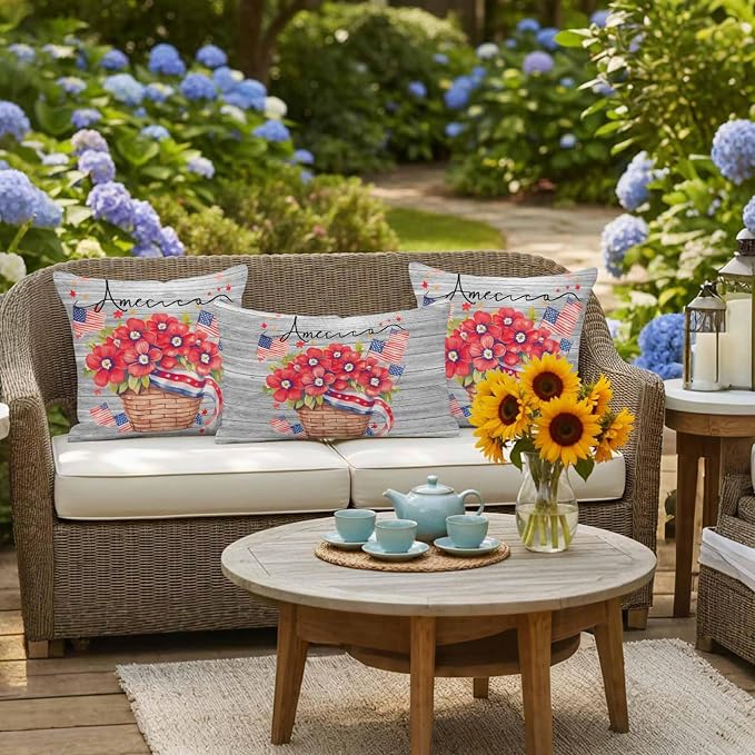 4th of July Floral Waterproof Outdoor Pillow Covers Set of 2 Home Decor, Patriotic Star Stripe Flag Grey Wood Pillowcase Patio Pillow Covers for Couch Bench Furniture Garden 26x26in