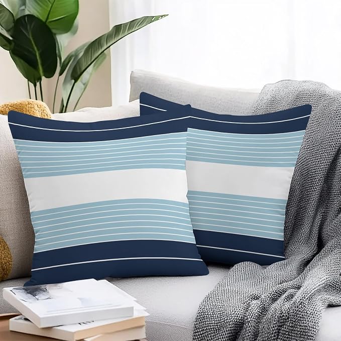 Navy Blue Aqua Stripe Outdoor Pillow Covers Waterproof, All Weather Cushion Case Set of 2, Modern Art Horizontal Striped Decorative Pillowcases for Sofa Couch Bed Decor Patio Furniture 16"x16"