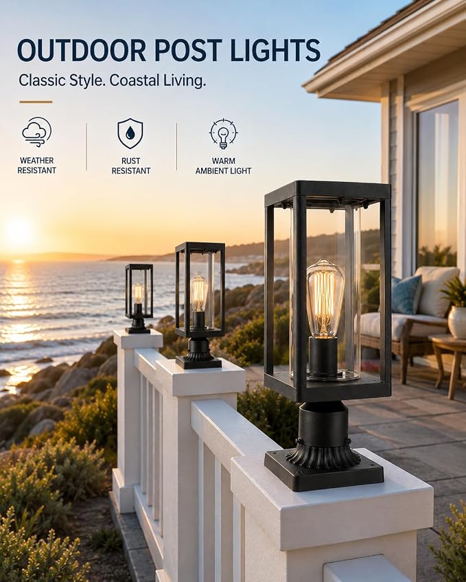 Beionxii Outdoor Post Lantern, 20inch Large Modern Lamp Post Light Fixture Exterior Pillar Lights with Pier Mount Base, Black Cast Aluminum w/Clear Cylinder Glass - A291P-2PK (NOT Solar, 110-120V AC)