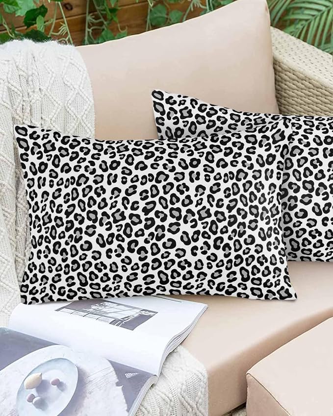 Vandarllin Outdoor Throw Pillows Covers 20x12 inch Set of 2 Waterproof Black Leopard Print Decorative Zippered Cushion Covers for Patio Furniture, Luxury Animal Fur Pattern Lumbar Pillowcases