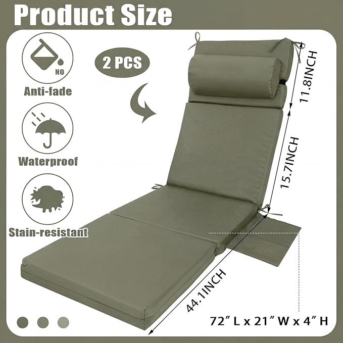 RattanView 2 Pcs Outdoor Chaise Lounge Cushion with Pillow and Side Pockets Waterproof Lounge Chair Cushions for Outdoor Furniture Patio Lounger Pad for Outside Pool Lawn (Light Green,72 x 21 x 4)