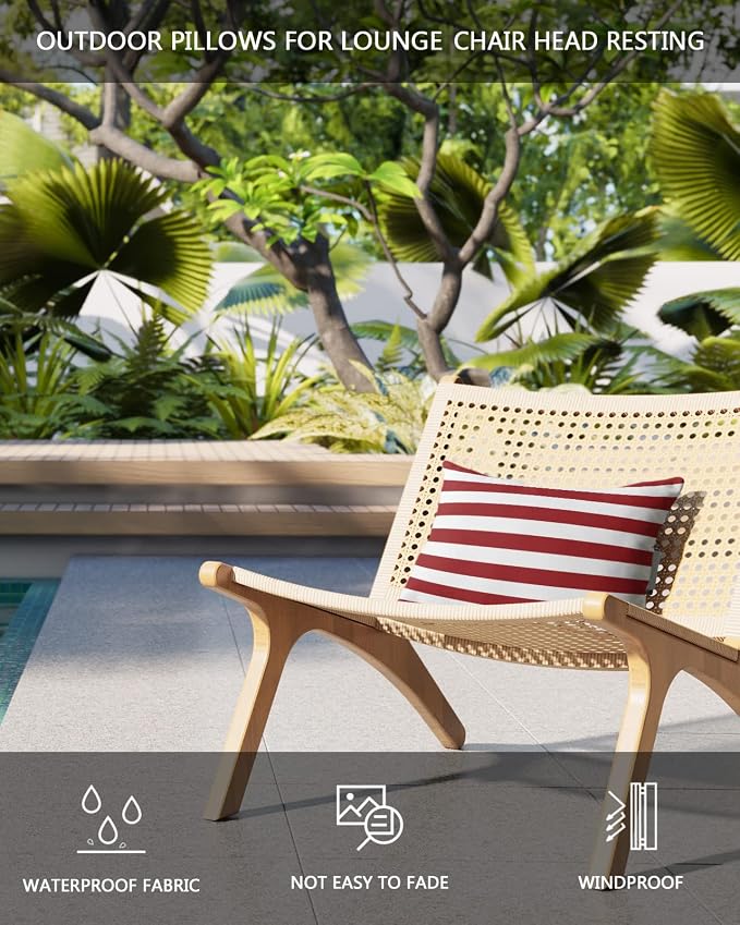 T&H XHome Outdoor Pillow for Chaise Lounge Chair, Christmas Red and White Stripe Waterproof Headrest Pillow Lumbar Pillows with Adjustable Elastic Strap for Beach, Poolside, Patio, Office (2 Pack)