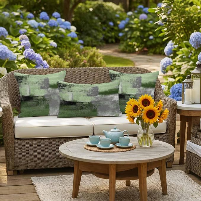 Green Ombre Waterproof Outdoor Pillow Covers Set of 2 Home Decor, Farmhouse Abstract Mottled Texture Art Pillowcase Patio Pillow Covers for Couch Bench Furniture Garden 20x12in