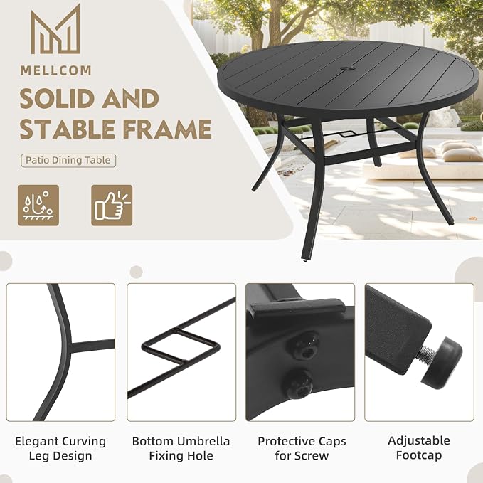 MELLCOM 47.4'' Round Outdoor Dining Table for 4-6, Metal Patio Dining Table with Umbrella Hole, All-Weather Black Table for Porch, Garden, Backyard, Poolside, Lawn