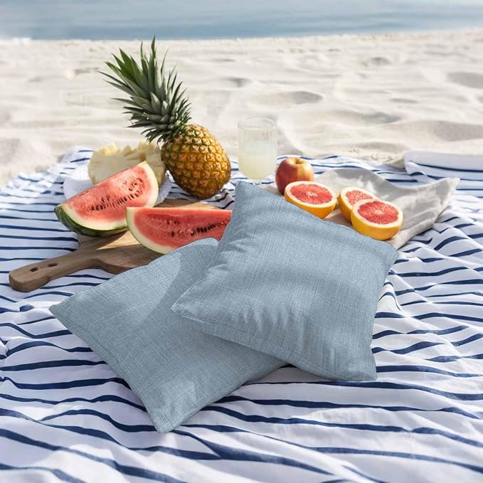 Outdoor Waterproof Throw Pillow Covers Set of 2 Sky Blue Linen Pillowcases 16x16 Inches Farmhouse Pure Color Decorative Pillows Cushion Case Patio Pillows for Couch Bed Chair Garden