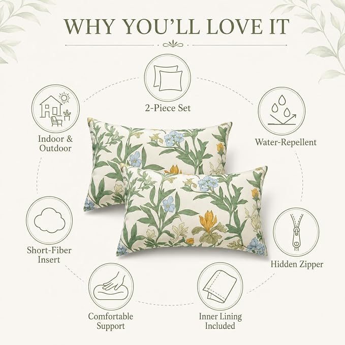 Pack of 2 Patio Lumbar Pillows 12"x20" | Fade Resistant Outdoor Waterproof Lumbar Pillow with Inners Decorative Garden Lumbar Cushions for Home Patio Terrace Sofa