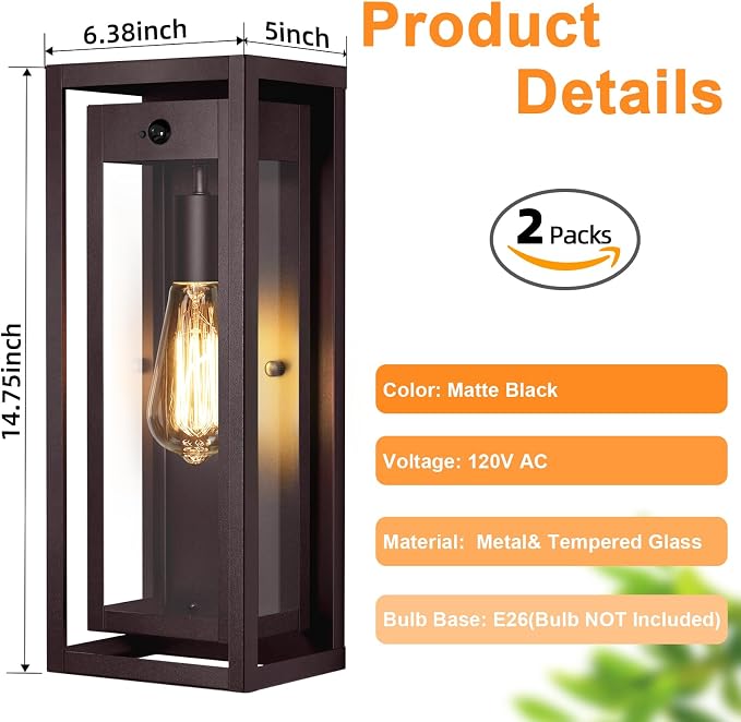 15" Motion Sensor Outdoor Lights, 2 Pack Large Bronze Outdoor Light Fixture, 3 Lighting Modes Waterproof Anti-Rust Wall Sconces, Exterior Lighting Fixtures for Front Door, Porch, Garage