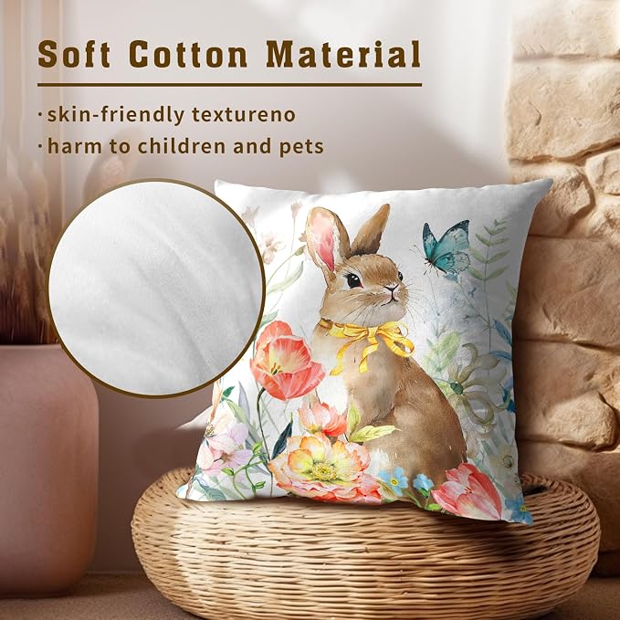 Easter Pillow Covers 16x16 Spring Easter Bunny Painting Decorative Throw Pillowcase Rabbit Floral Summer Square Couch Cushion Cover for Living Room Sofa Accent Home Decor, Set of 2