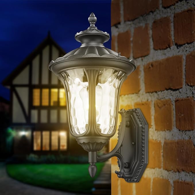 Outdoor Light Fixtures Wall Mount, Waterproof Exterior Wall Lanterns with Waer Ripple Glass, Outside Sconces, Front Porch Lights for House Garage Doorway Patio