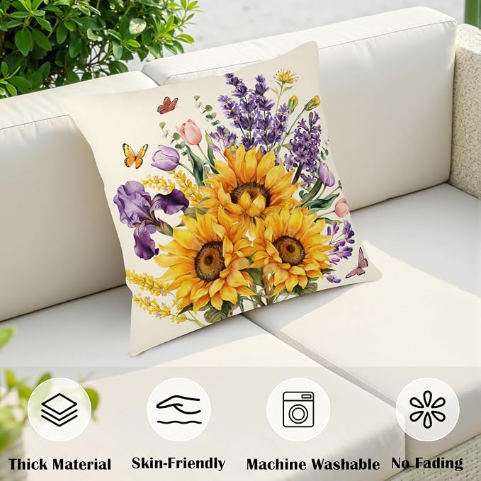 Sunflower Pillow Covers Floral Purple Lavender Butterfly Throw Pillow Covers Spring Summer Tulip Iris Flower Pillow Cases 22x22 for Home Farmhouse Couch Sofa Bed Decor 2 Pack