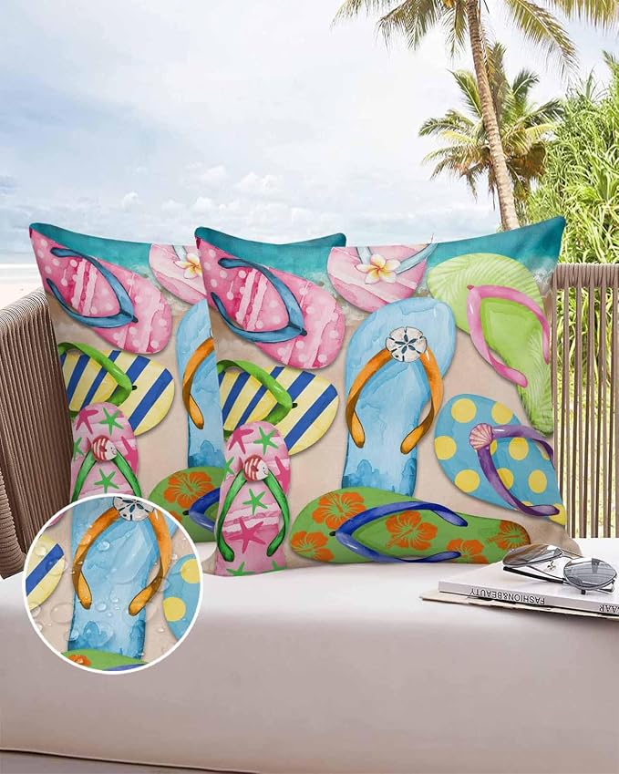 Vandarllin Outdoor Throw Pillows Covers 18x18 inch Set of 2 Waterproof Flip-Flops Decorative Zippered Cushion Covers for Patio Furniture, Summer Sandy Beach Lumbar Pillowcases