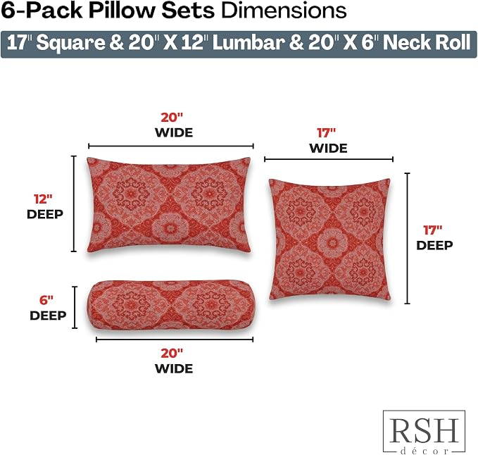 RSH DECOR: 6-Pack Pillow Set | Outdura Performance Fabric |Water & Fade-Resistant| 17" Square, 20"x12" Lumbar, 20"x6" Neck Roll | Outdoor Pillows for Patio Furniture | Made in USA (Ayorline Flamin)