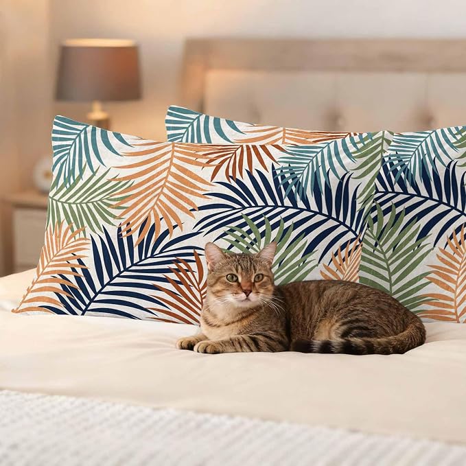 Outdoor Waterproof Throw Pillow Covers, Colorful Palm Leaves Decorative Pillow Cases, Summer Botanical Tropical Leaf Couch Pillow Protector Patio Sofa Cushion Covers Replacement 20"x12" 2 Pack