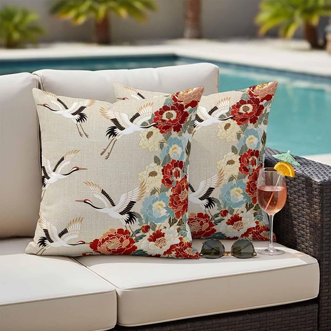 Japanese Style Outdoor Pillow Covers 20x20 Inch Throw Pillow Covers Set of 2 Waterproof Decorative Pillow Cases Country Vintage Blossom Peony Birds Cushion Covers for Patio Furniture Garden Couch Sofa