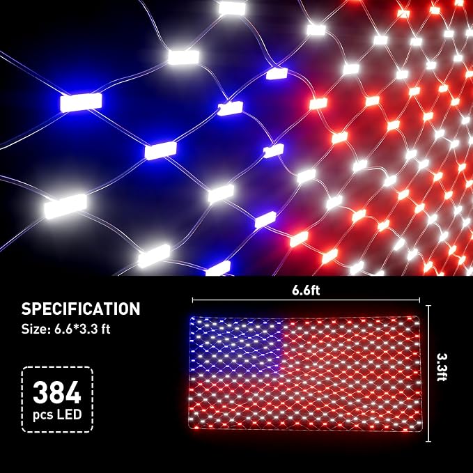 Leisure world American Flag Lights – 384 Super Bright LEDs, Waterproof USA Flag Decoration for 250th Anniversary, Independence Day (July 4th), Memorial Day, Christmas & Holiday Party