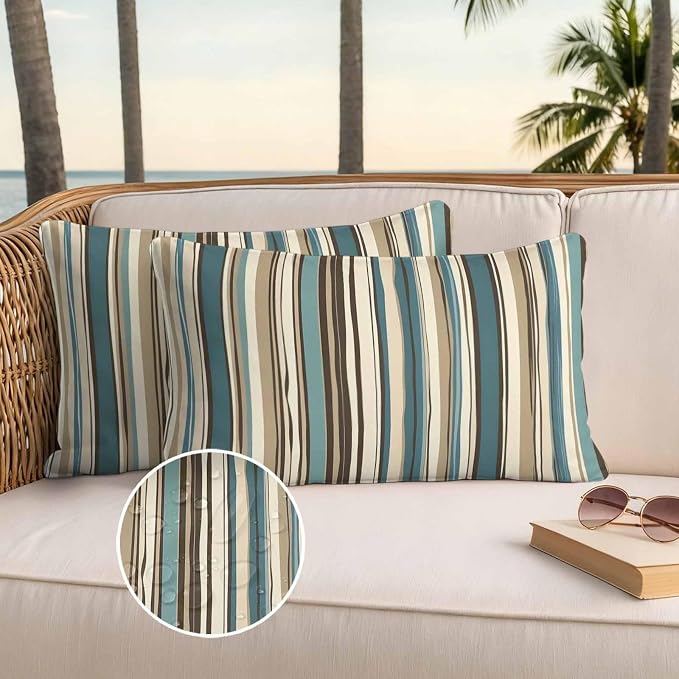 Boho Vertical Stripes Outdoor Waterproof Throw Pillow Covers Set of 2, 20"x12", Green Beige Simple Lines Decorative Pillow Covers Outside Cushion Case for Patio Porch Garden
