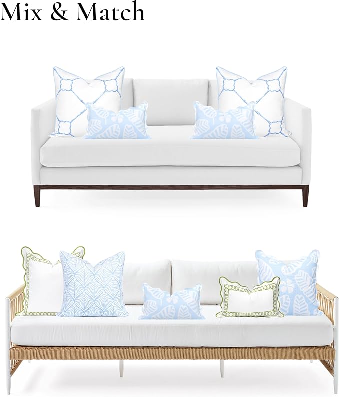Hofdeco Premium Grandmillennial Coastal Hampton Patio Indoor Outdoor Lumbar Pillow Cover Only, 12"x20" Water Repellent for Backyard, Couch, Poolside, Baby Blue Print Palm Leaves and Hisbucs Flowers
